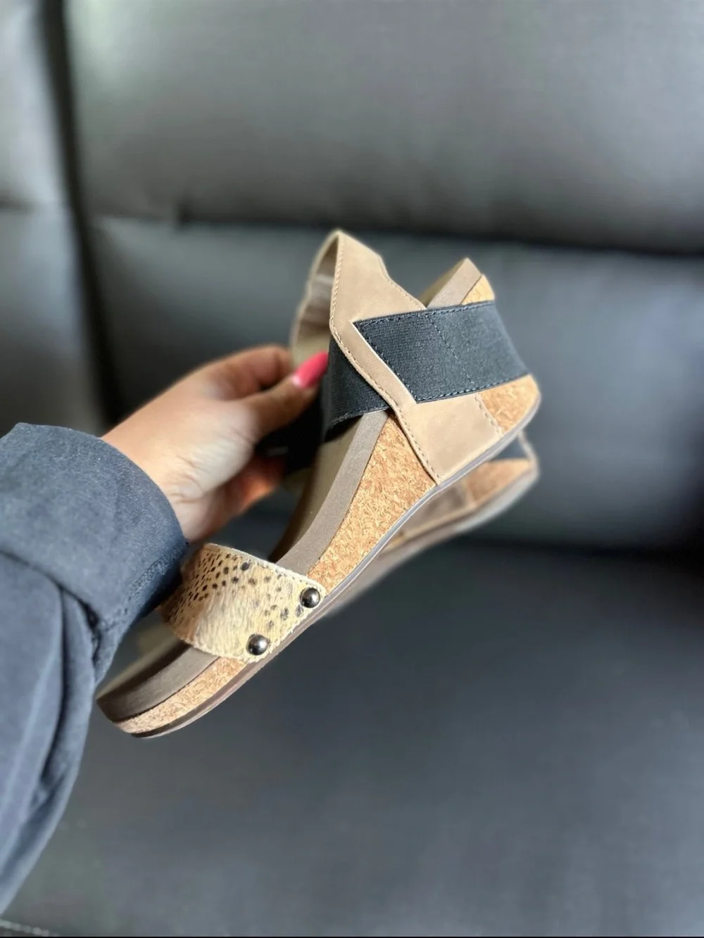 Corkys Women's Wedge Sandals in Black and Tan Spotted